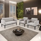 Conjunto 2 Poltronas E 1 Namoradeira Decorativa Pés Fixo Em Madeira Preto Veludo Cinza