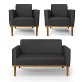 Conjunto 2 Poltronas E 1 Namoradeira Decorativa Pés Fixo Em Madeira Castanho Pu Preto