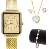 Relogio Feminino Dourado Aço + Colar Brincos + Pulseira Original Quadrado Ajustavel Social Moda