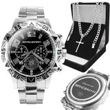 Relogio Masculino Aço Inox + Pulseira Grumet + Cordão Cruz Inoxidável Analogico Religioso Social