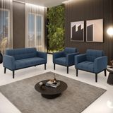 Conjunto 2 Poltronas E 1 Namoradeira Decorativa Pés Fixo Em Madeira Preto Suede Azul Marinho