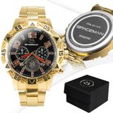 Relogio Masculino Dourado Banhado Personalizado + Caixa Aço Inox Preto Analogico Presente Casual