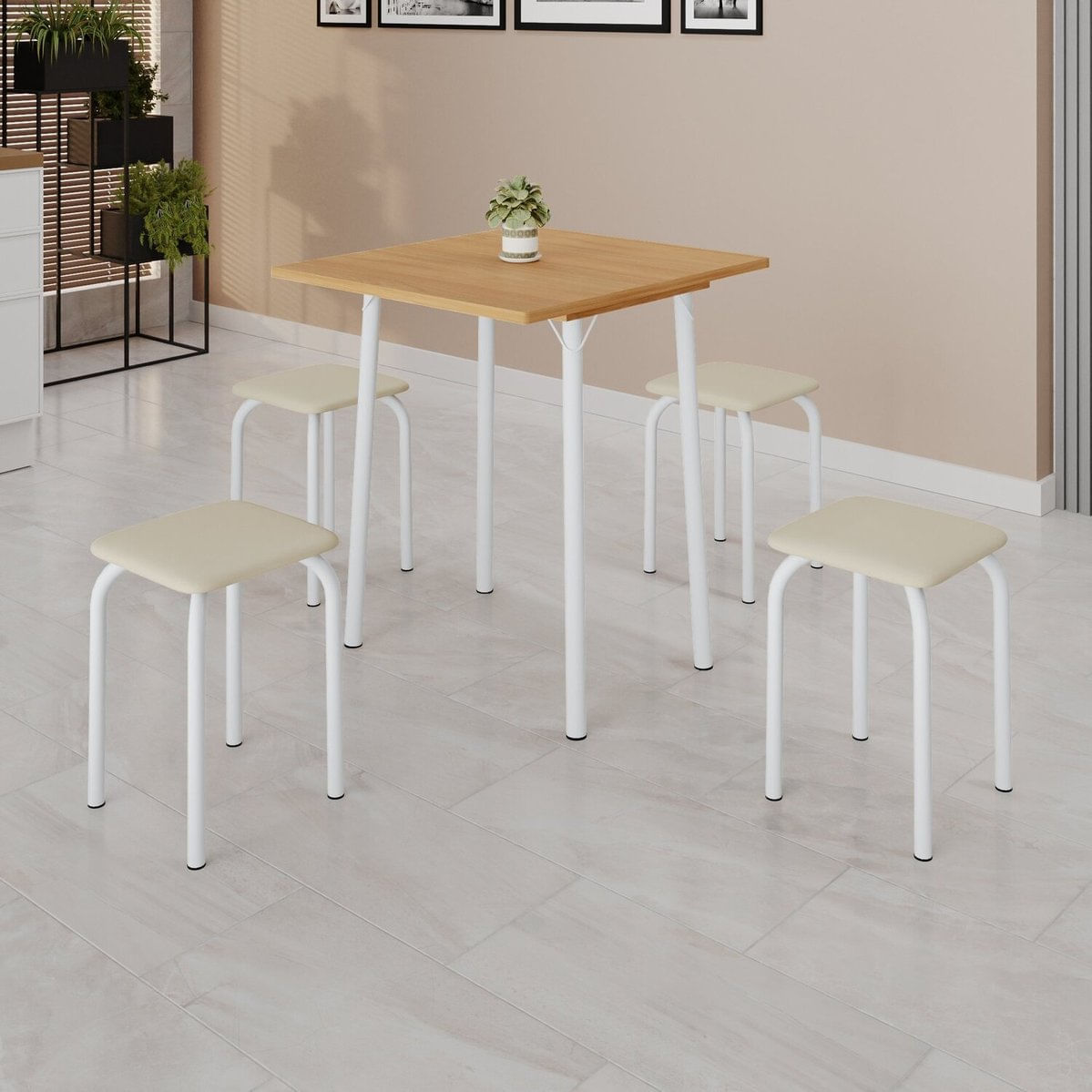 Conjunto Mesa Dobrável Com 4 Banquetas Bali Creme / Branco