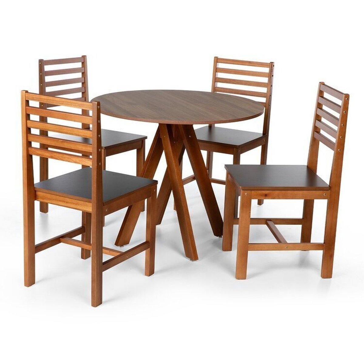 Conjunto Mesa De Jantar Redonda Lisa 90cm Amadeirada Com Cadeiras Luna Assento Mdf Madeira Maciça Amadeirado/preto