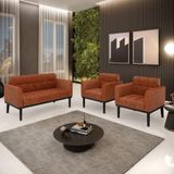 Conjunto 2 Poltronas E 1 Namoradeira Decorativa Pés Fixo Em Madeira Preto Pu Nozes