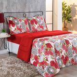Kit Edredom Malha 100% Algodão Primavera 2 Peças Solteiro - Floral Vermelho