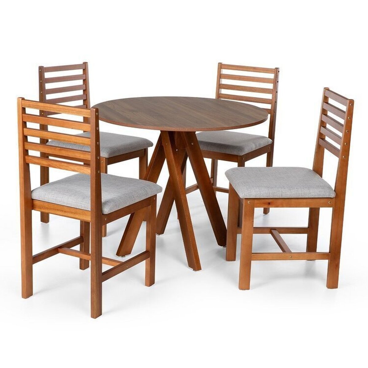 Conjunto Mesa De Jantar Redonda Lisa 90cm Amadeirado Com Cadeiras Luna Estofadas Madeira Maciça Amadeirado/cinza