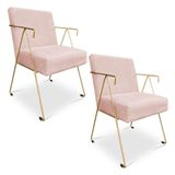 Kit 02 Poltronas Decorativa Taina Suede Rosa Bebê Base Metálica Industrial Dourado