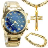 Relogio Masculino Aço Banhado + Cordão Grosso + Pulseira Casual Qualidade Premium Social Fundo Azul