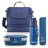 Kit Fitness Bolsa Térmica C- 2 Compartimentos E Marmita 2 Andares Com Garrafa E Porta Talher Azul