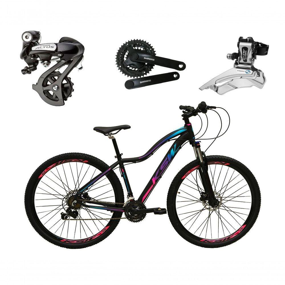 Bicicleta Aro 29 Ksw Mwza Feminina Shimano Altus 24v Freios Hidráulicos Garfo Com Trava - Preto/pink/azul Tam.17