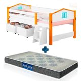 Cama Infantil Solteiro Casinha Com Baús Branco Azul Elza Divaloto Com Colchão Probel D20