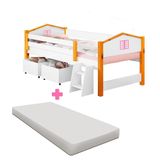 Cama Infantil Solteiro Casinha Com Colchão E Baús Branco Rosa Elza Divaloto