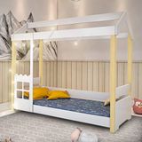 Cama Infantil Laura Casinha Montessoriana Solteiro Grade Branca - Branco E Natural