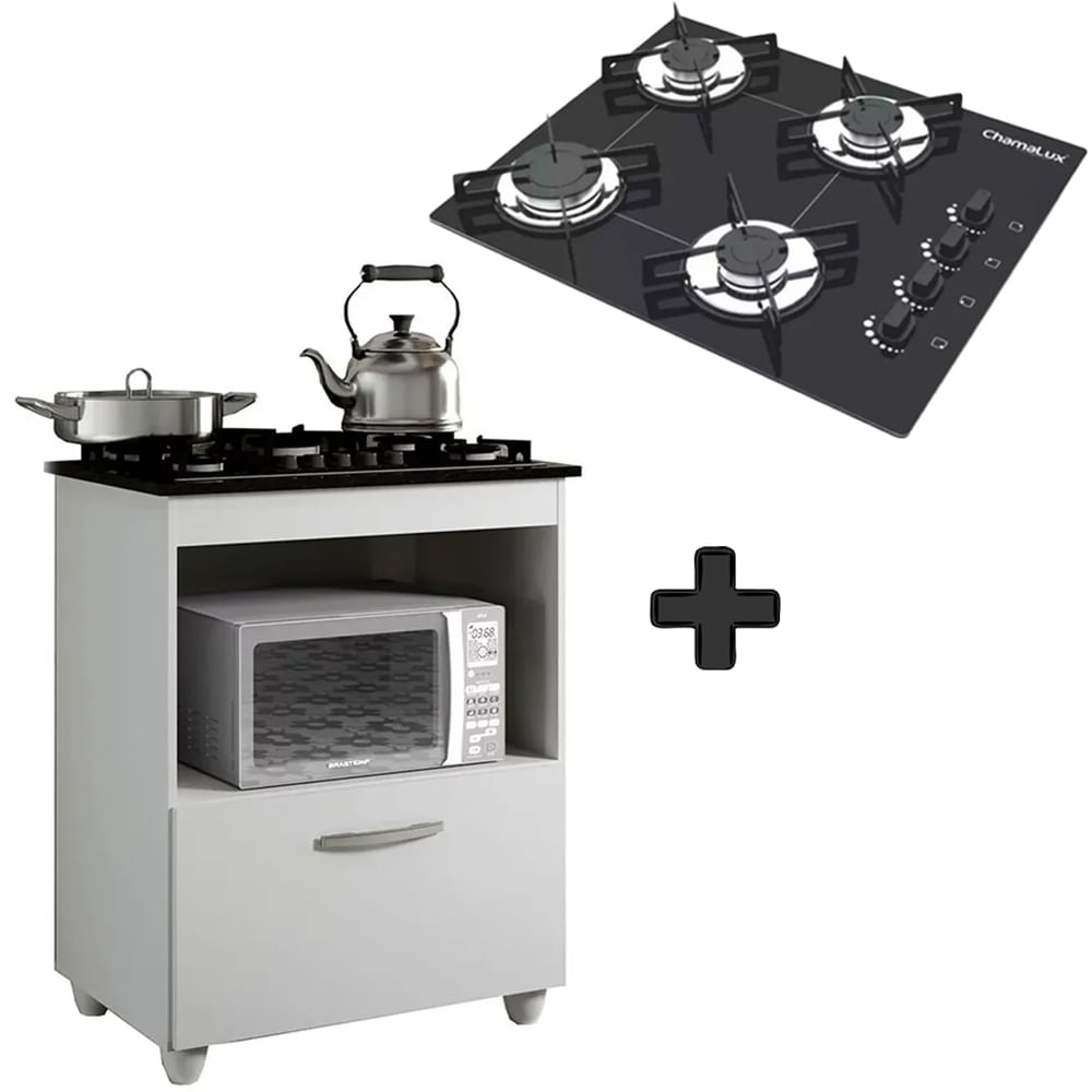 Kit Balcão Salvia Mais Fogão Cooktop 4 Bocas Preto Chamalux