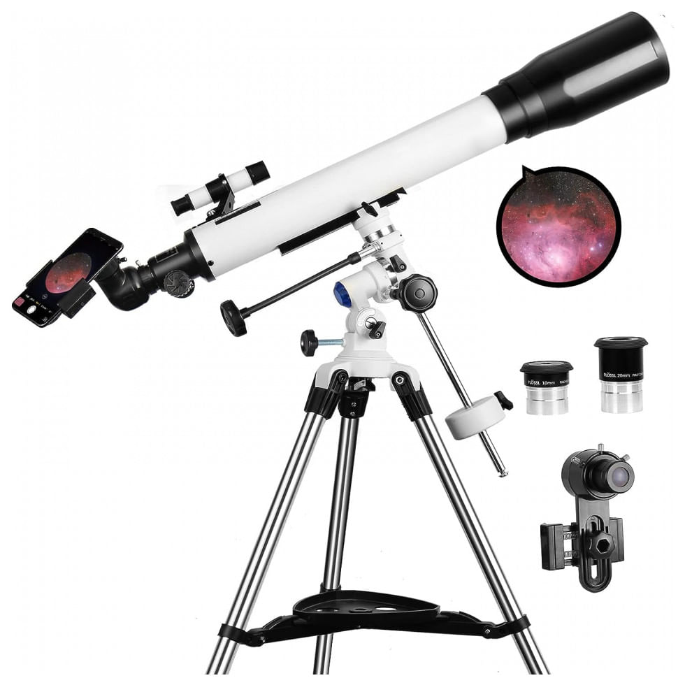 Telescópio Astronômico 70x Com Montagem Eq, 2 Oculares E Adaptador Para Celular, Solomark, Branco