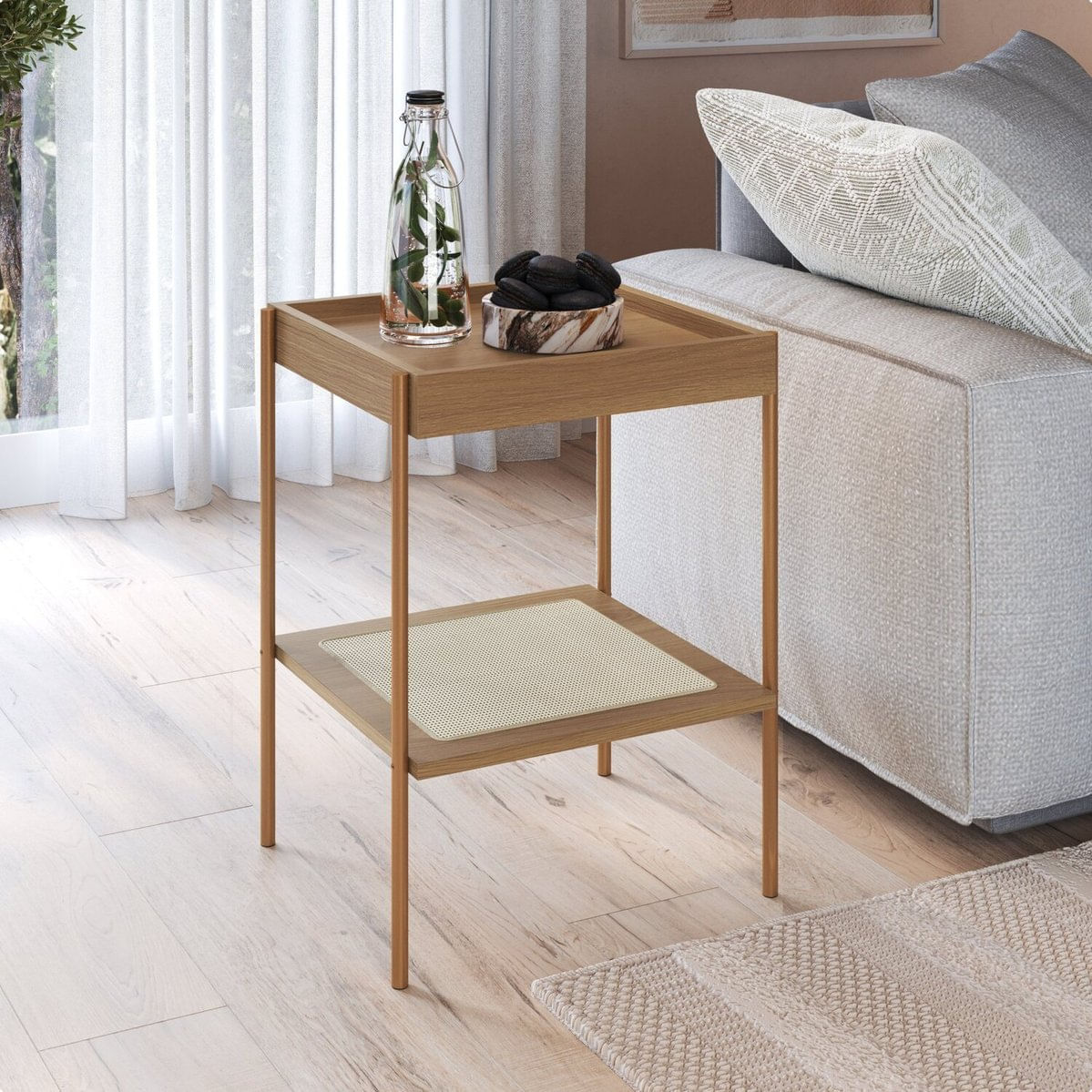 Mesa Lateral Quadrada Com Prateleira 43cm Palhinha Pé Metal Oslo Hanover/dourado