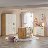 Quarto De Bebê Completo Guarda-roupa 4 Portas, Berço Mini Cama Encanto E Cômoda 4 Gavetas Pérola Nature/branco Off