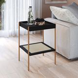 Mesa Lateral Quadrada Com Prateleira 43cm Palhinha Pé Metaloslo Nero/dourado