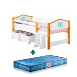 Cama Infantil Solteiro Casinha Com Baús Branco Azul Elza Divaloto Com Colchão Gazin