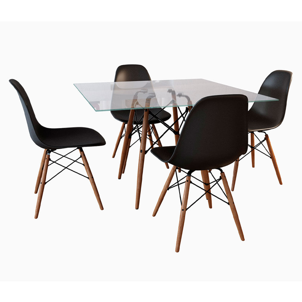 Conjunto Sala De Jantar Mesa Eames Eiffel Quadrada Vidro 90cm 4 Cadeiras Pretas