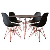 Mesa Jantar Quadrada Com 4 Cadeiras Pretas Eames Eiffel Base De Ferro Cobre Tampo Amendoa 90cm