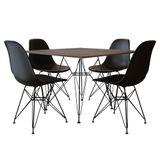 Mesa De Jantar Eames Eiffel 90cm Amendoa Quadrada Com 4 Cadeiras Pretas Base De Ferro Preto