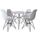 Mesa De Jantar Eames Eiffel Quadrada Vidro 90cm Com 4 Cadeiras Brancas Base Ferro Preto