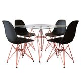 Mesa De Jantar Eames Eiffel Quadrada Vidro 90cm Com 4 Cadeiras Pretas Base Ferro Cobre