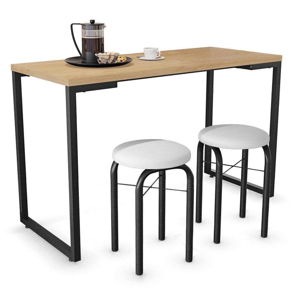 Mesa De Cozinha Bistrô Porto Castanho 120cm Com 2 Banquetas Industriais Maviê Branco/preto - Mpozenato