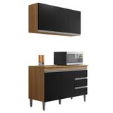 Kit De Cozinha Andréia Balcão 120cm Amêndoa/preto Com Tampo Mdp E Aéreo - Ajl Móveis