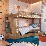 Beliche Infantil Solteiro Com Escada E Gavetões Aveiro Oak Stoney Completa Móveis