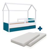 Cama Infantil Casinha Com Auxiliar E 2 Colchões Branco Azul Secreto Sonho Completa Móveis