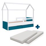 Cama Infantil Casinha Com Colchão Solteiro 2 Gavetas Branco Azul Secreto Sonho Completa Móveis