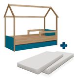 Cama Infantil Casinha Com Auxiliar E 2 Colchões Aveiro Oak Azul Secreto Sonho Completa Móveis