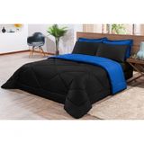 Kit Edredom + Jogo De Lençol Aconchego Look House Dupla Face Casal Queen 06 Peças - Preto- Azul