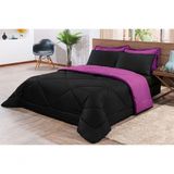 Kit Edredom + Jogo De Lençol Aconchego Look House Dupla Face Casal Queen 06 Peças - Preto- Roxo