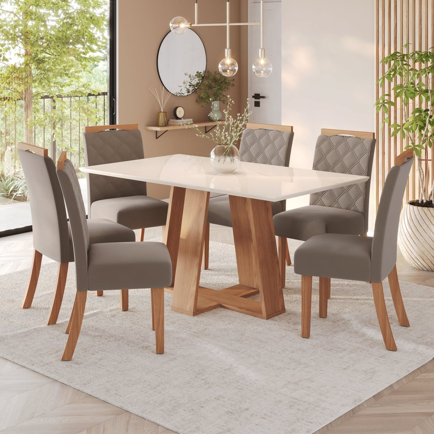 Sala De Jantar Hebe Mesa 160 Cm Canto Reto 6 Cadeiras Espresso Móveis Nature/off White/marrom Amêndoa