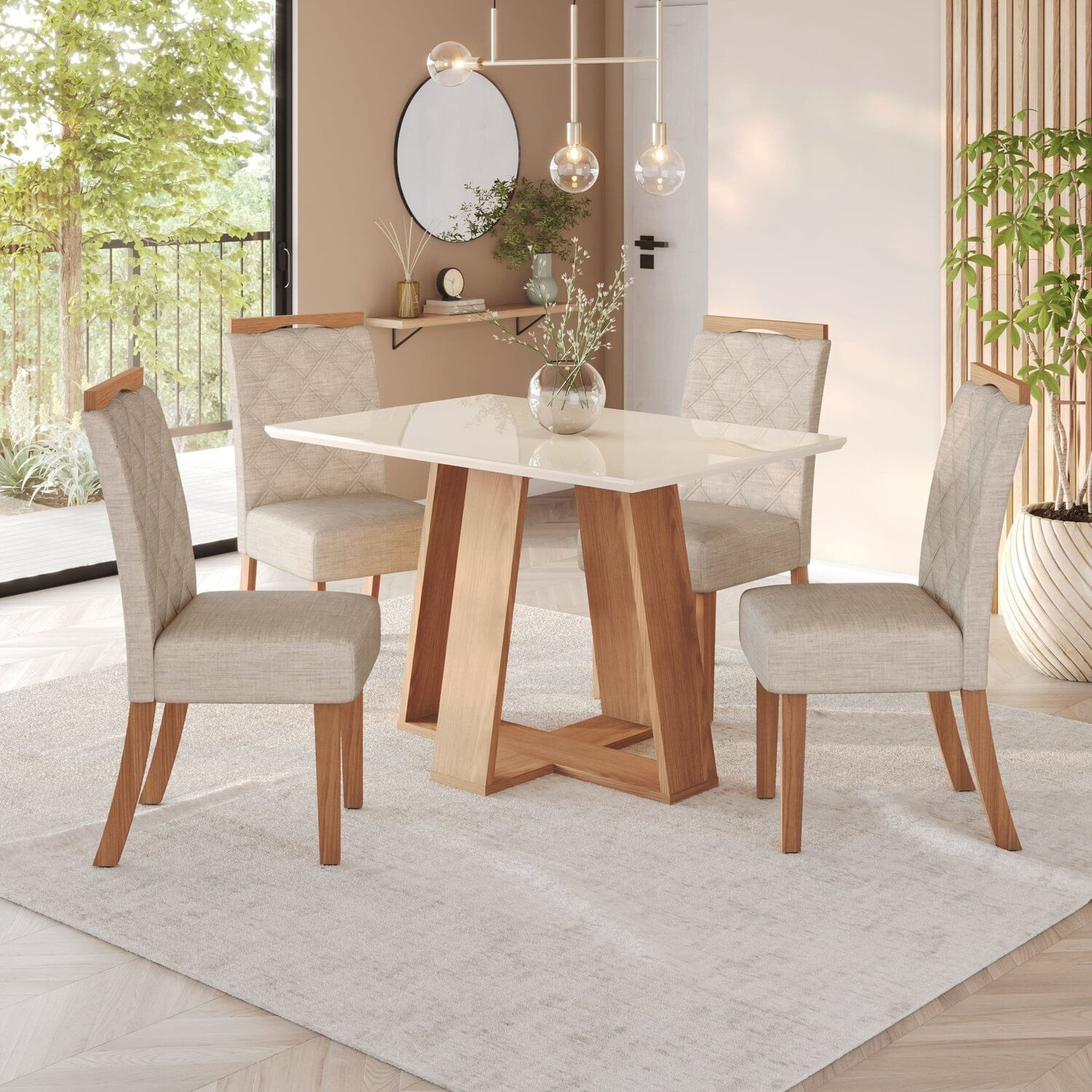 Sala De Jantar Hebe Mesa 120 Cm Canto Reto Com Vidro 4 Cadeiras Espresso Móveis Nature/off White/linho