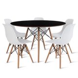 Conjunto De Mesa De Jantar Eames Eiffel Redonda 110cm Tampo De Madeira Preto Com 5 Cadeiras Brancas