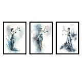 Kit 3 Quadros Deusa Da Justiça Aquarela Azul 24x18cm - Preta