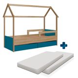 Cama Infantil Solteiro Com Colchão 2 Gavetas Casinha Aveiro Oak Azul Secreto Carrossel Shop Jm