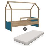 Cama Infantil Com Colchão Solteiro Casinha Aveiro Oak Azul Secreto Carrossel Shop Jm