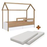 Cama Infantil Solteiro Com Colchão 2 Gavetas Casinha Aveiro Oak Branco Carrossel Shop Jm