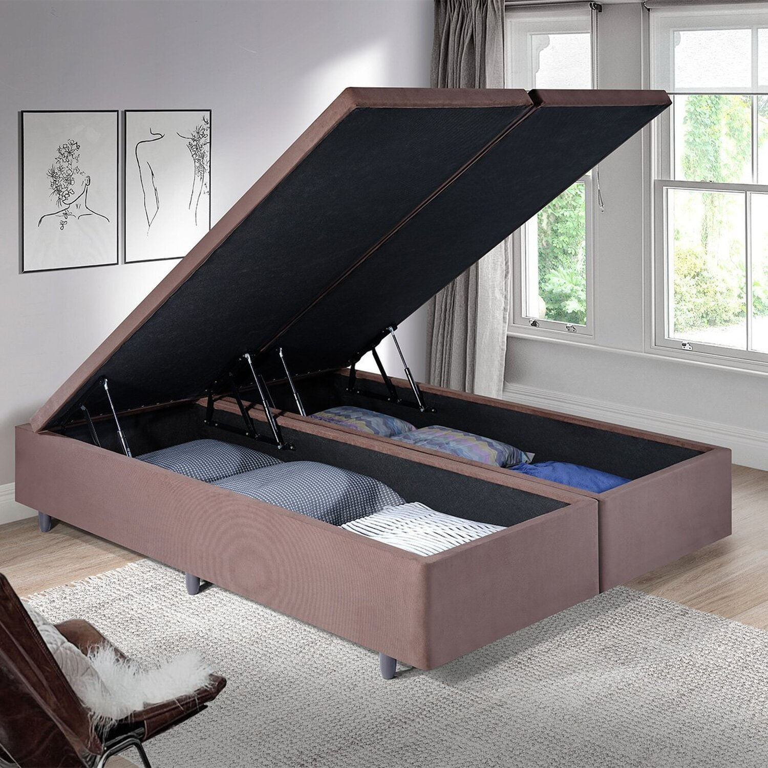 Cama Baú Queen 158cm X198cm Em Suede Madeira Em Eucalipto Marrom