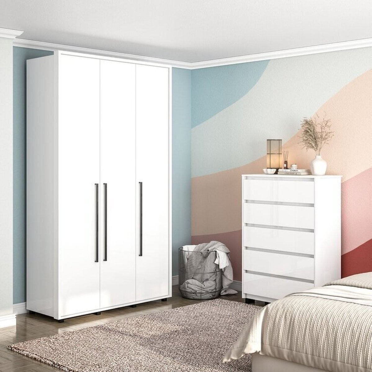 Quarto Guarda Roupas 3 Portas Cômoda 5 Gavetas Branco