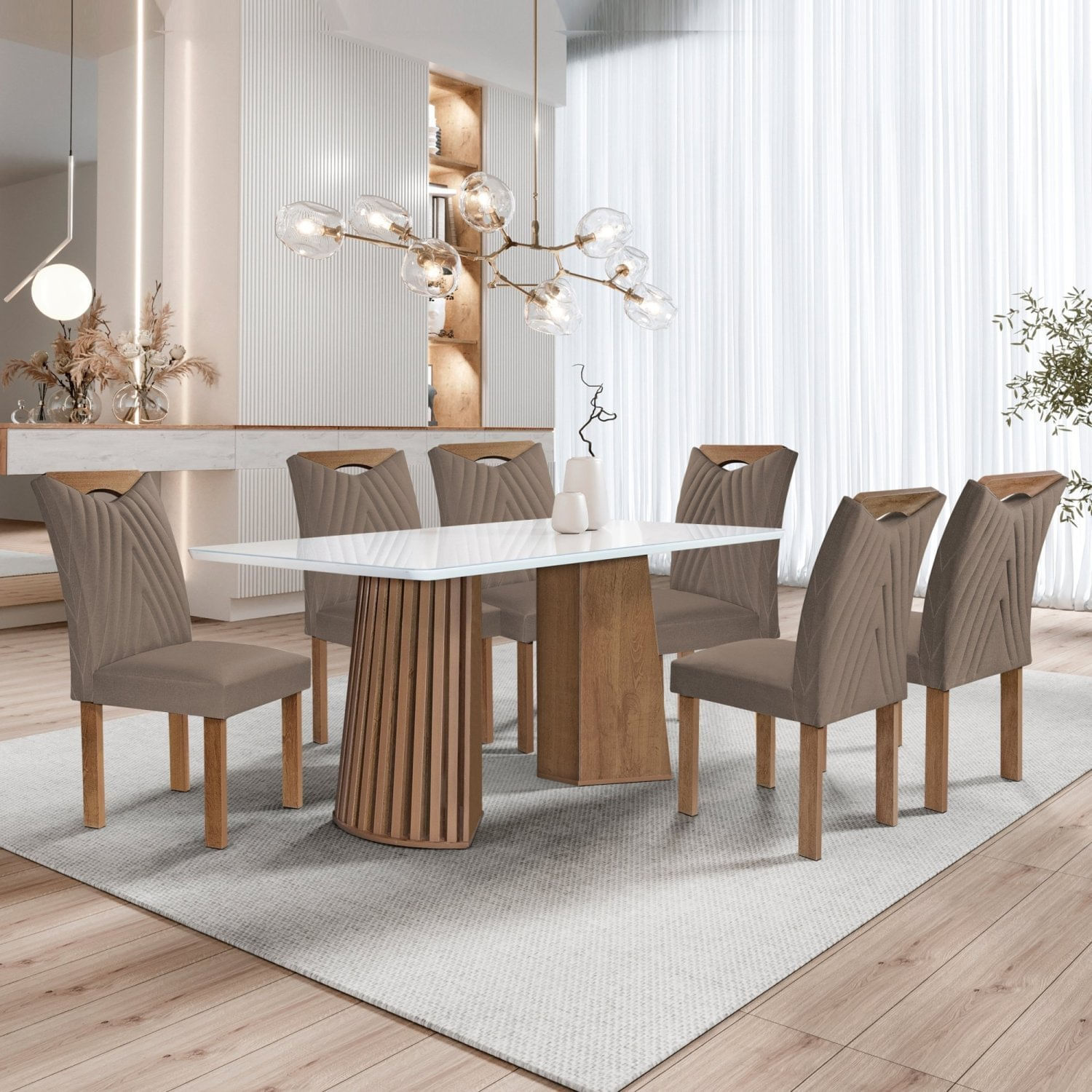 Conjunto Mesa Stella Ripada 170cm Com 6 Cadeiras Stella Tampo Smart Plus Com Vidro Chocolate/off White/veludo Bege Escuro