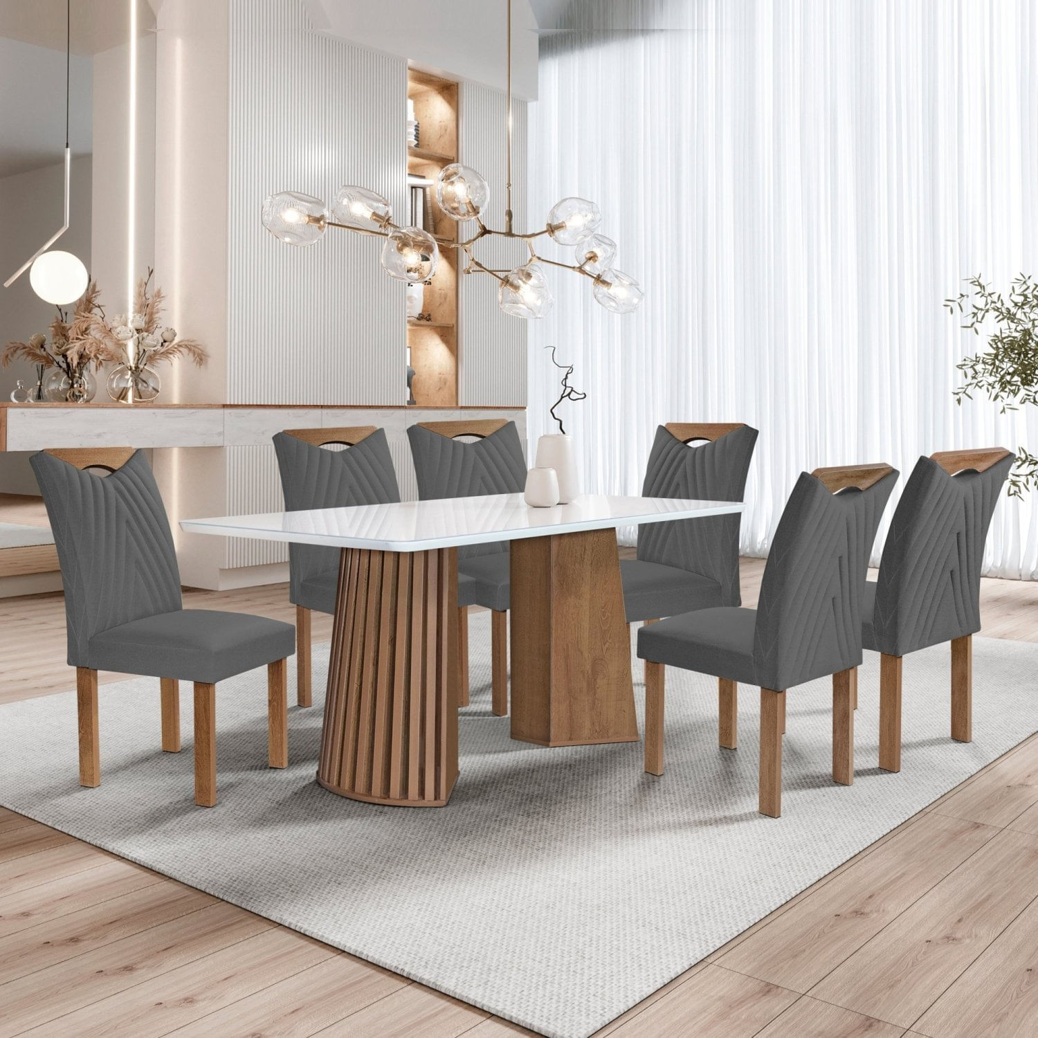 Conjunto Mesa Stella Ripada 170cm Com 6 Cadeiras Stella Tampo Smart Plus Com Vidro Chocolate/off White/veludo Cinza