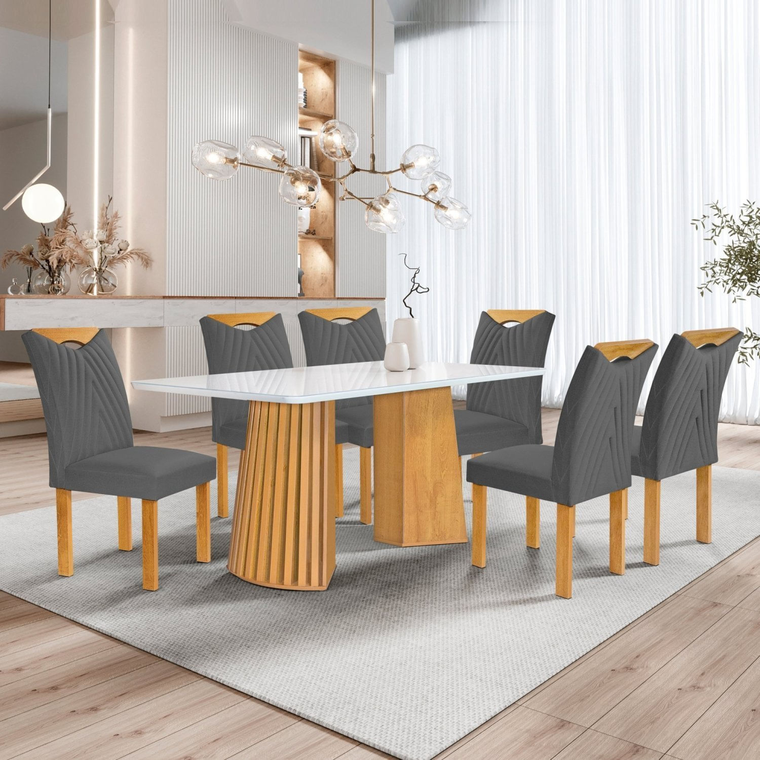 Conjunto Mesa Stella Ripada 170cm Com 6 Cadeiras Stella Tampo Smart Plus Com Vidro Cinamomo/off White/veludo Cinza