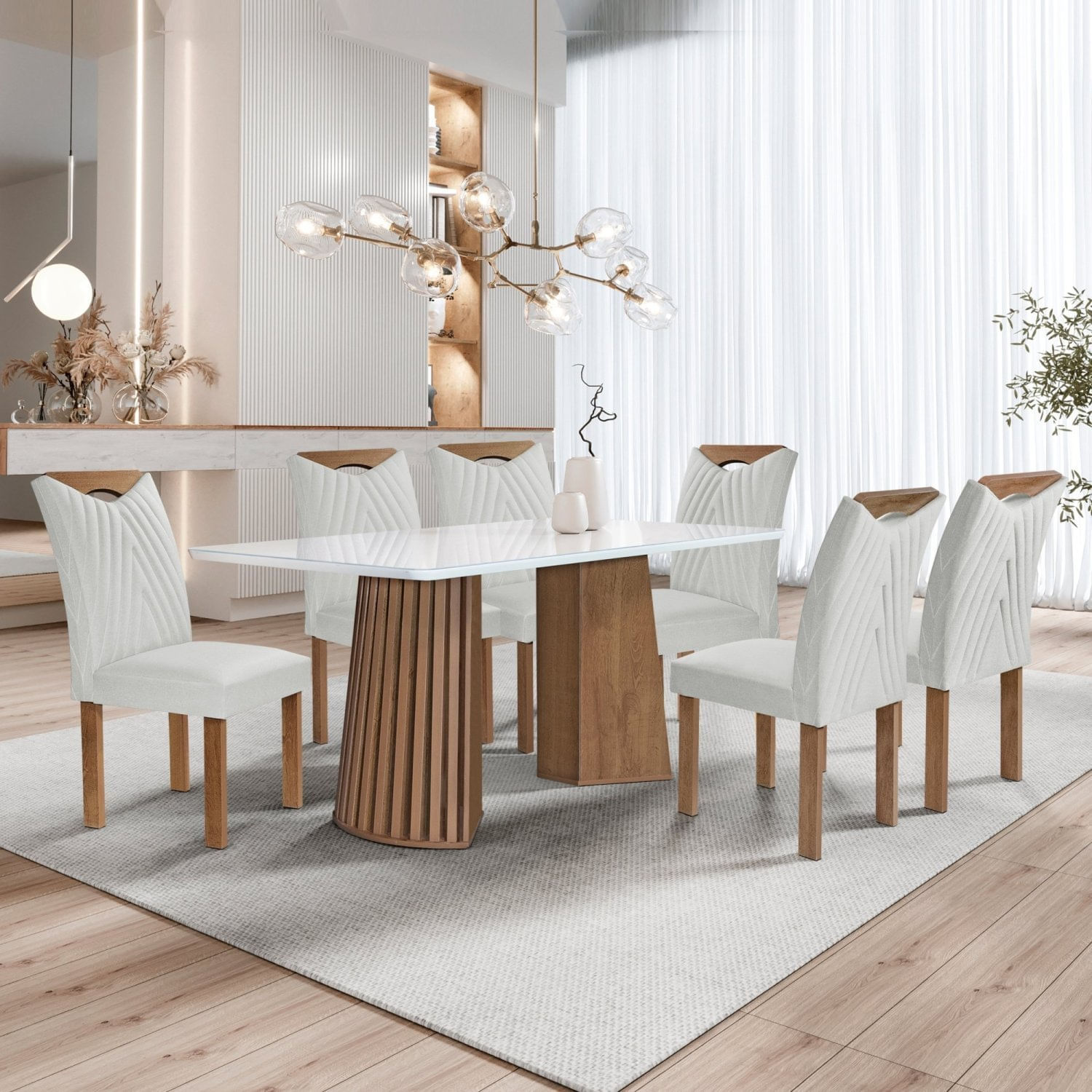 Conjunto Mesa Stella Ripada 170cm Com 6 Cadeiras Stella Tampo Smart Plus Com Vidro Chocolate/off White/boucle Gelo